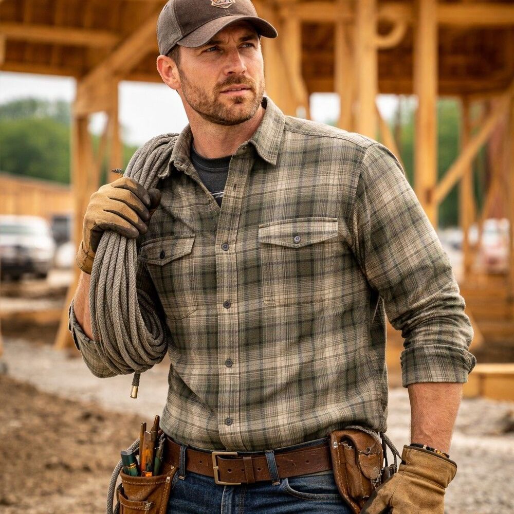 Ariat Rebar Work Shirt Mens Medium Plaid Stretch Flannel Utility Ranch Green